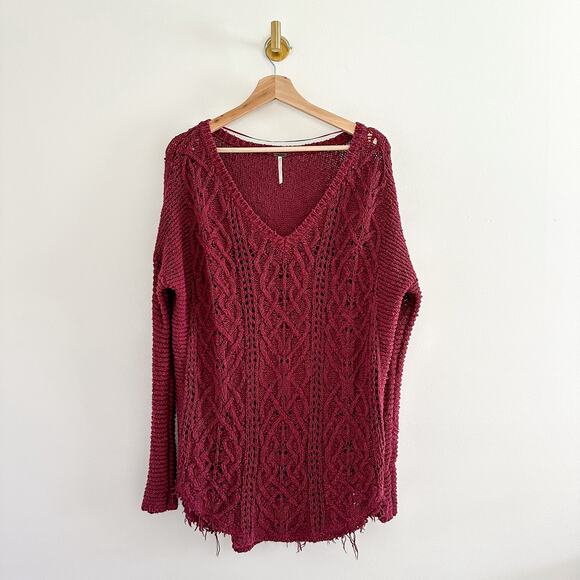 Free People Cross My Heart Cable Knit V-Neck High Low Hem Sweater Red L - Picture 1 of 9